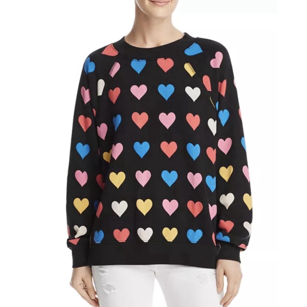 Wildfox Sweatshirt Women XS Black Multi Color Heart Print Raglan Cotton Pullover